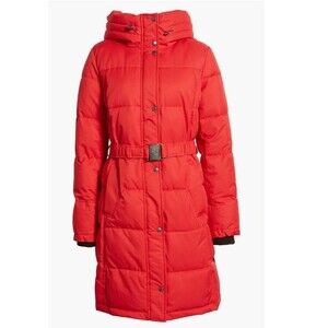 Sam Edelman Womens Long Puffer Jacket Red Medium Belted Hooded